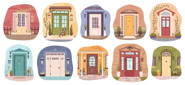 Doors Houses Isolated Entrances Homes Wooden Metal Portals Leading Residential — Stock Vector