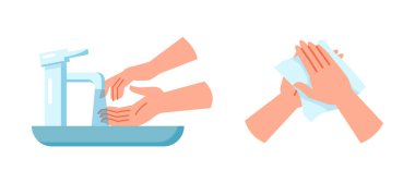 Kişisel temizlik ve temizlik, temiz suyun altında yıkanan izole eller. Temiz bir kağıt havluyla avuç içlerini kurutmak. Düz biçimli vektör