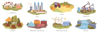 Yenilenebilir doğal kaynaklar, izole hayvanlar ve gaz, lang ve ham petrol, orman ve mineraller, kayalar ve su. Rüzgar ve güneş enerjisi. Düz biçimli vektör