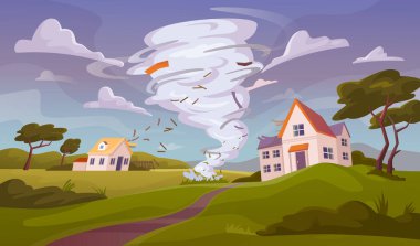 Doğal afet ya da felaketin yol açtığı şiddetli rüzgar girdabının şehir ya da kasabanın evlerini ve altyapısını yok etmesi. Felaket hasarı. Vektör illüstrasyonu