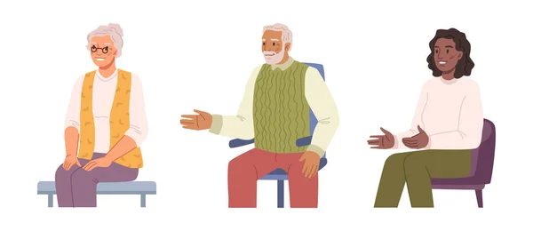 Pacientes Sentados Sillas Ancianos Aislados Jóvenes Personas Hablando Explicando Síntomas — Archivo Imágenes Vectoriales