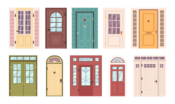 Entrance doors variety of designs, isolated part of construction. Exterior of home or house, building element with windows and knobs. Vector in flat style