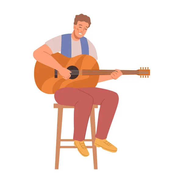 Musicien Jouant Guitare Acoustique Personnage Masculin Isolé Souriant Donnant Spectacle — Image vectorielle