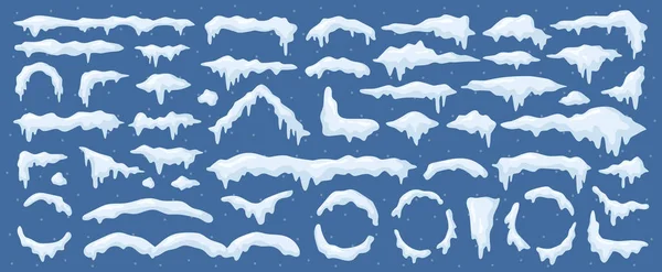 冬の季節の霜と寒さ 家や表面の屋根のための孤立した雪の帽子 フレームと雪の屋根 雪片やつらら 平たい漫画風のベクトル — ストックベクタ