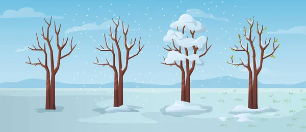 冬と霜の間の木 寒さと降雪 吹雪や厳しい風の気象条件で覆われた植物や牧草地 平型ベクトル — ストックベクタ