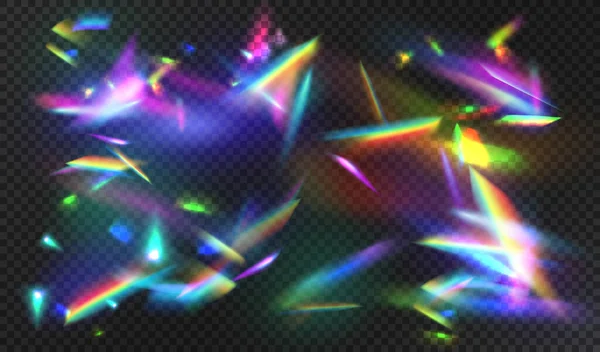 ダイヤモンドライト 魅力的なスペクトル光の輝きを背景に ベクトル虹水晶光漏れフレア反射効果 レインボーライトビームレンズフレアリークオーバーレイストリーク — ストックベクタ