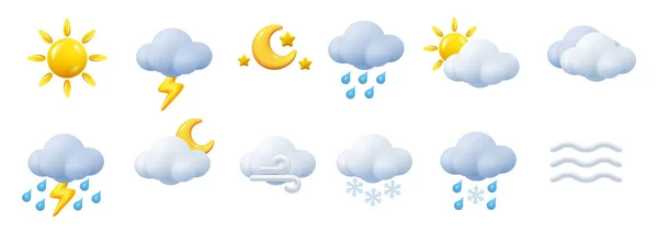 Weather Conditions Various Forecast Icons Isolated Sunshine Thunderbolts Heavy Rain — Stock Vector