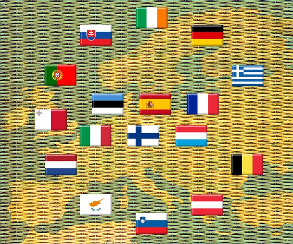 Flags of eurozone countries against piles of coins — Stock Photo, Image