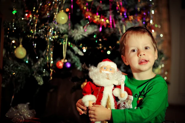 Menino e uma árvore de Natal — Fotografia de Stock