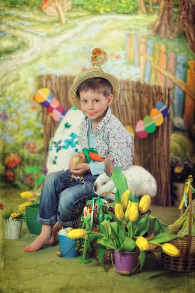 Un niño y un conejo con gallinas — Foto de Stock