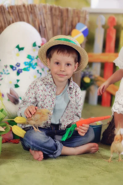 Un garçon et un lapin avec des poulets — Photo