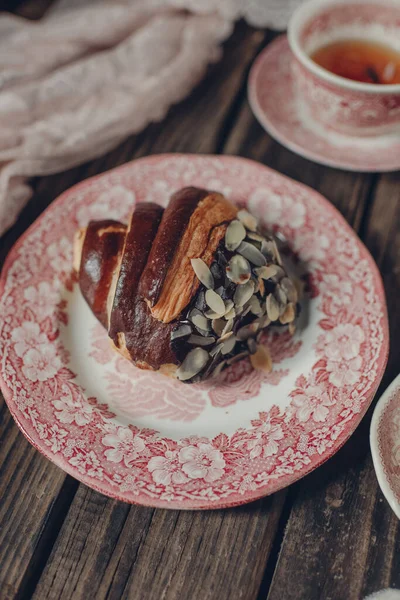 Croissant Chocolate Almonds Breakfast Tea — Stock Photo, Image