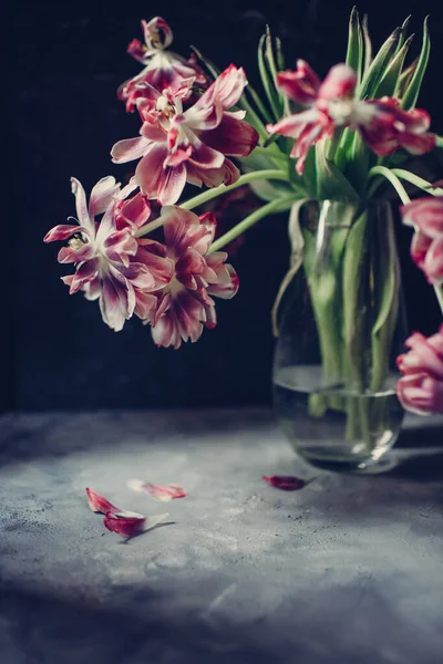 透明な花瓶に赤いチューリップの花の花束 — ストック写真