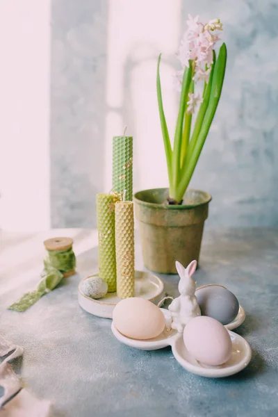 Άνοιξη Ήστερ Νεκρή Φύση Πασχαλινά Αυγά Παστέλ Χρώματα — Φωτογραφία Αρχείου