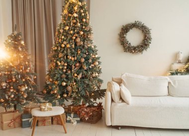 New Year's decor, interior decoration in warm colors for the holiday
