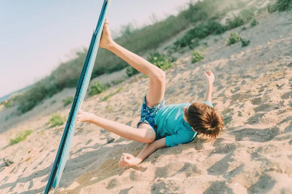 Child Jokingly Rides Ironing Board Instead Surfboard — Stock Photo, Image