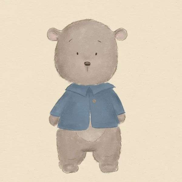 Urso Ilustração Das Crianças Azul Jaqueta Lápis Desenhado — Fotografia de Stock