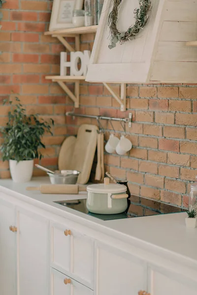 home interior, kitchen, in light beige shades
