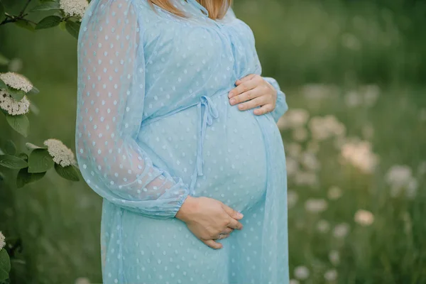 Ciężarna Kobieta Długiej Sukience Trzymająca Brzuch — Zdjęcie stockowe