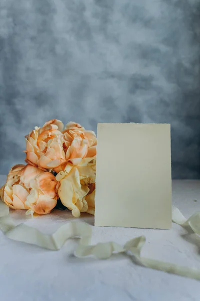 Postcard Mockup Background Peonies Flowers Light Background — Stock Photo, Image