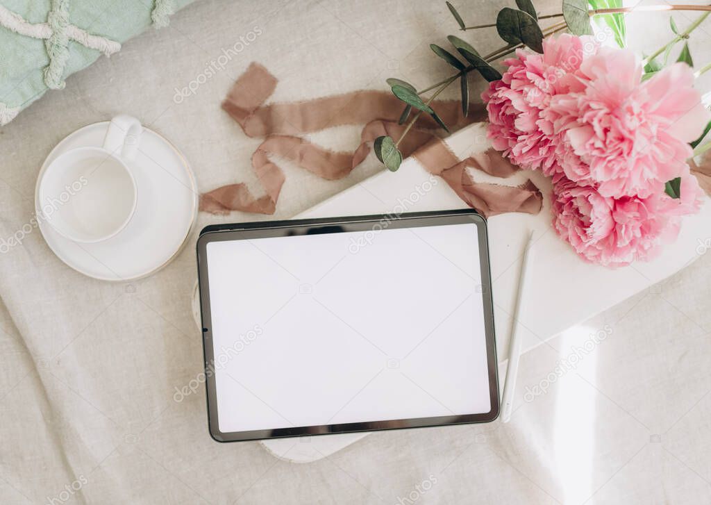 tablet mockup with white empty background, on light background