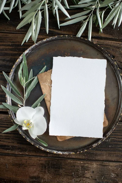 White Blank Sheet Paper Dark Background Invitation Mockup Business Card — Stock Photo, Image
