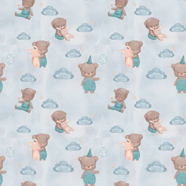 Seamless Pattern Teddy Bears Watercolor Hand Drawn Illustration — ストック写真