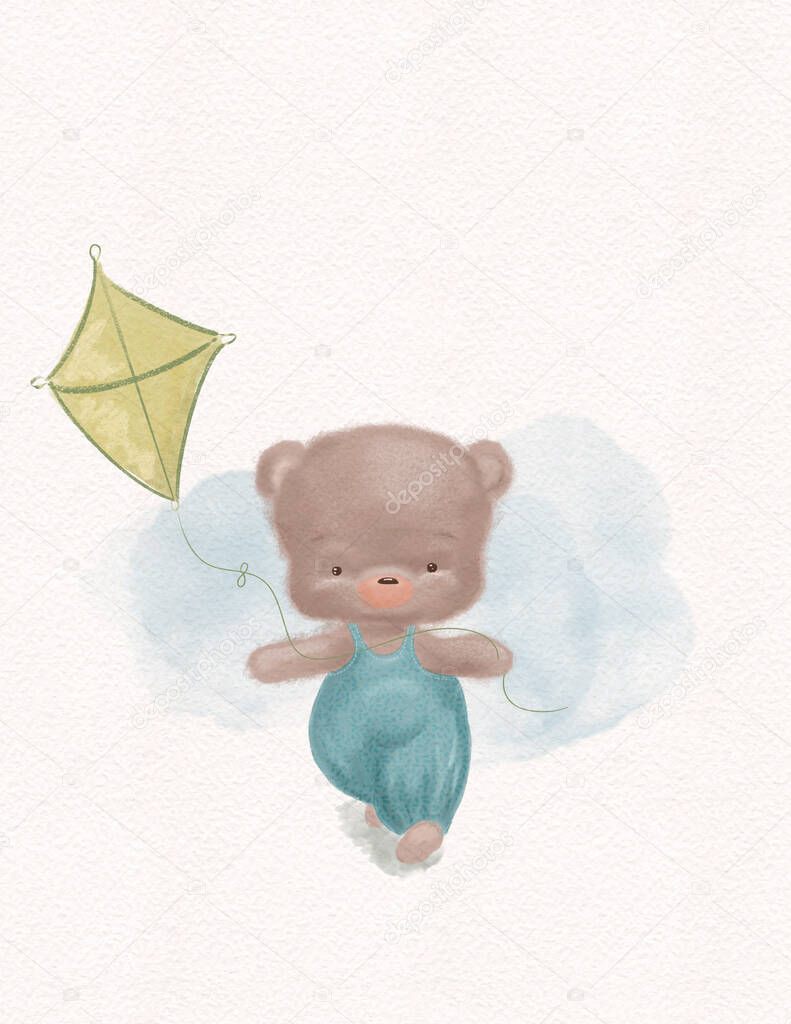 Hand drow Taddy Bear. Nursery bear illustration. Baby poster. Trendy  cartoon animal. Birthday invite card, Greeting, Celebration postcard
