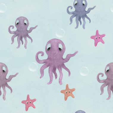 Deniz hayvanı desenleri. Arka planda balık ve vahşi deniz hayvanları var. Deniz dünyasının sakinleri, komik sualtı yaratıkları. çizgi film illüstrasyonu