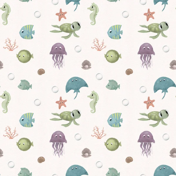 Sea animal patterns. Fish and wild marine animals  on background. Inhabitants of the sea world, funny underwater creatures.  cartoon illustration