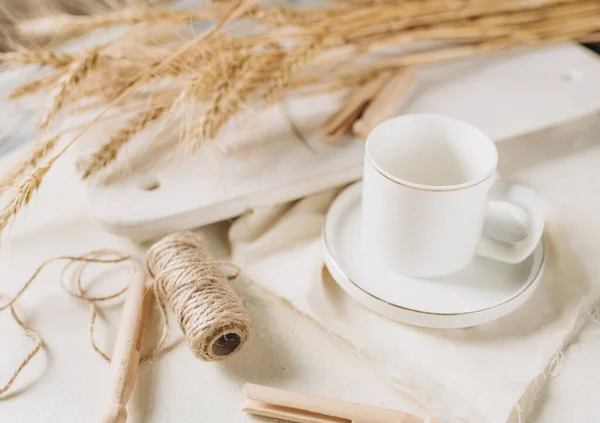 White Cup White Mug Rustic Style Mug Mockup Ecological Product — ストック写真