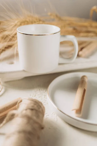 White Cup White Mug Rustic Style Mug Mockup Ecological Product — Foto Stock