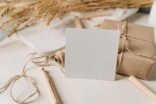 Blank paper card mockup, envelope, rustic style. Eco friendly. Wedding invitation card design, greeting card template.