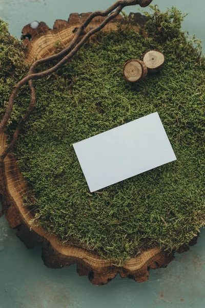 business card mockup in nature style, white paper on green moss and wood cut
