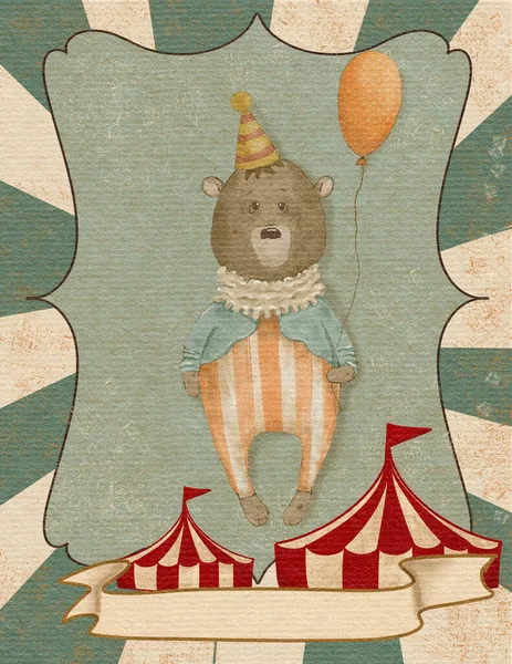 vintage teddy bear circus clown, kids illustration for circus party, circus poster, party invitation