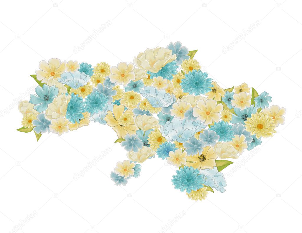 Hand painted Ukraine map with flowers, Support for Ukraine, yellow and blue flower