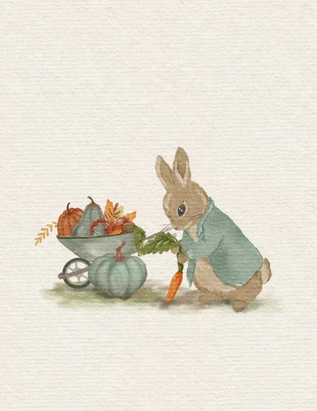 Rabbit Illustration Greeting Card Rabbit Autumn Card Thanksgiving Day Invitation — Stok Foto