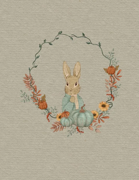 Rabbit illustration, greeting card with rabbit, autumn card, thanksgiving day, invitation