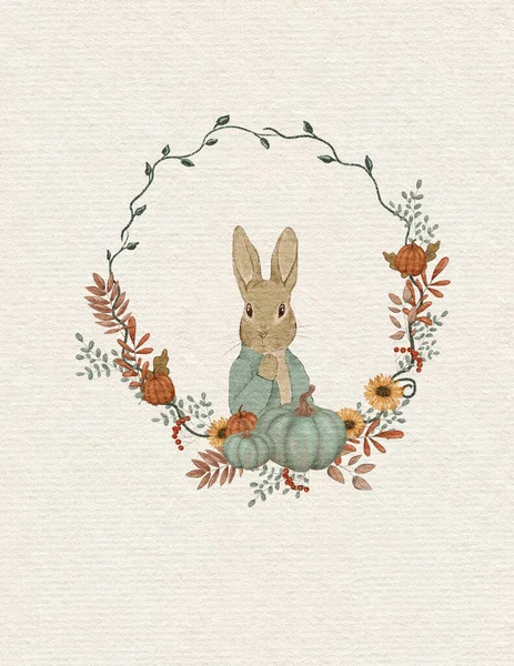 Rabbit Illustration Greeting Card Rabbit Autumn Card Thanksgiving Day Invitation — Foto de Stock