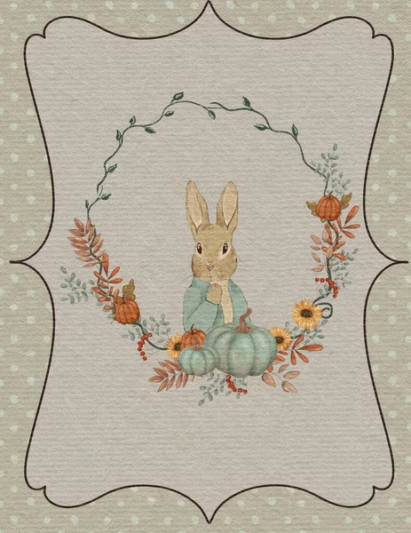 Rabbit Illustration Greeting Card Rabbit Autumn Card Thanksgiving Day Invitation — Fotografia de Stock