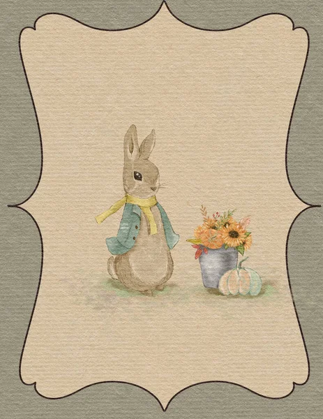 Rabbit Illustration Greeting Card Rabbit Autumn Card Thanksgiving Day Invitation — ストック写真
