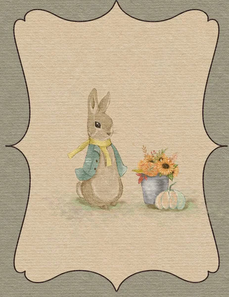 Rabbit illustration, greeting card with rabbit, autumn card, thanksgiving day, invitation