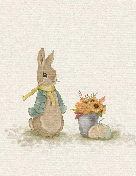 Rabbit Illustration Greeting Card Rabbit Autumn Card Thanksgiving Day Invitation — 图库照片
