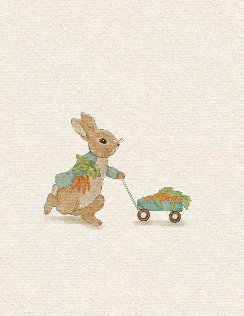 Rabbit illustration, greeting card with rabbit, autumn card, thanksgiving day, invitation