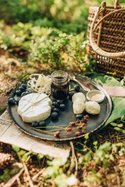 forest picnic on the background of moss and blueberry bushes, cheese and berries on a metal plate in nature