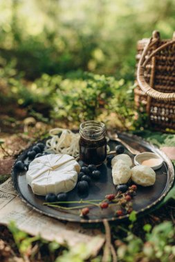 forest picnic on the background of moss and blueberry bushes, cheese and berries on a metal plate in nature