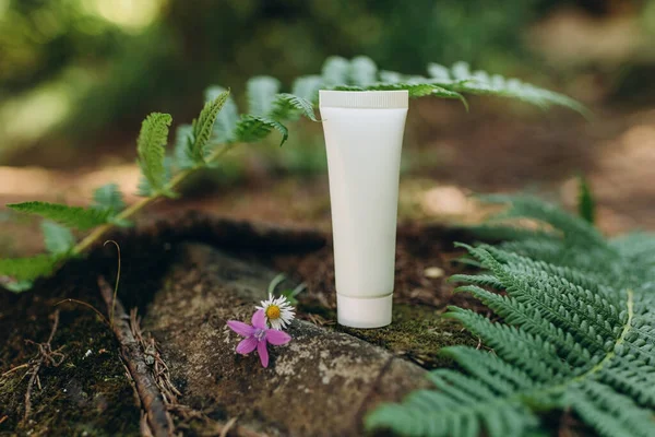 Mockup Tube Cream Natural Background Forest Environmentally Friendly Product Natural — Stockfoto