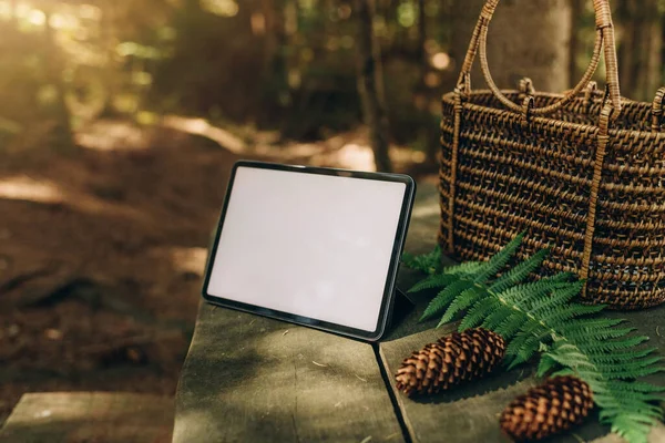 Tablet Mockup Background Nature Forest Workplace Nature Ipad Mockup Blank — Zdjęcie stockowe