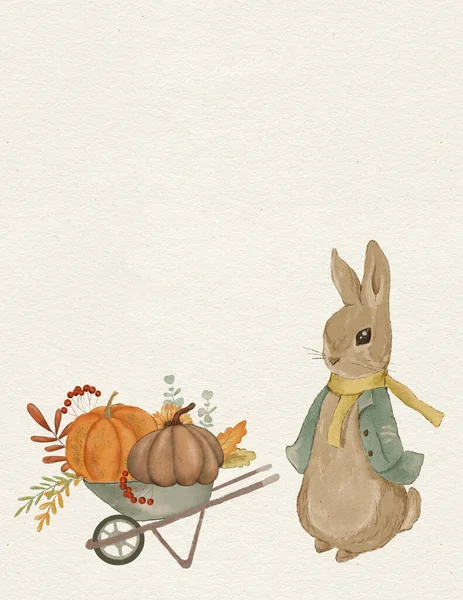 Rabbit Illustration Greeting Card Rabbit Autumn Card Thanksgiving Day Invitation — Fotografia de Stock