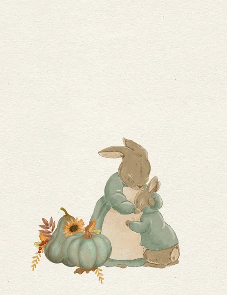 Rabbit Illustration Greeting Card Rabbit Autumn Card Thanksgiving Day Invitation — Photo